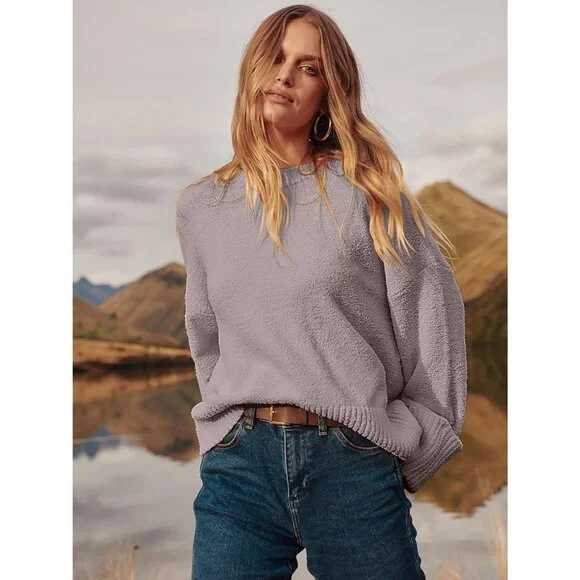 Women's Light Purple Oversized Long Sleeve Casual Fuzzy Knit Sweaters - Picture 5 of 9